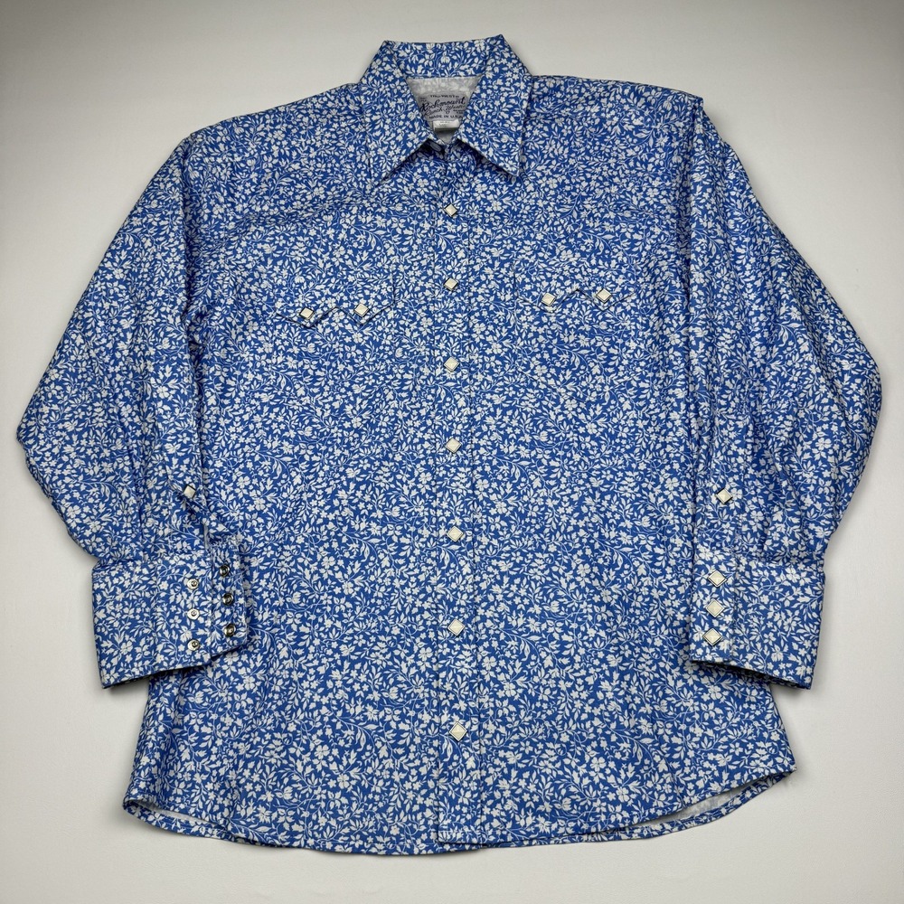 Rockmount Ranch Wear Shirt Mens XS Blue Floral Western Long Sleeve Pearl Snap